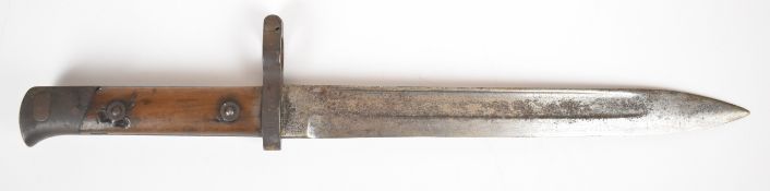 Austria 1886 pattern bayonet with wooden grips, 1361 to crosspiece and a 24.5cm fullered blade.
