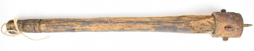 WW1 era trench club with metal head, single row of studs, spike and wooden handle, overall length