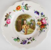 Chamberlain Worcester cabinet plate decorated with a figure playing a whistle with dog within floral