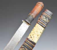 African Tribal short sword with leather covered grip, 49cm single edged blade and skin and leather
