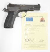 Deactivated CZ Model 75 9mm semi-automatic pistol with chequered composite grips and adjustable