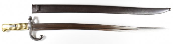 French 1866 pattern chassepot bayonet with brass grip, external leaf spring cross guard marked AG