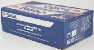 Two hundred and fifty 20 bore SAGA 25g 6 shot shotgun cartridges, all in original boxes. PLEASE NOTE