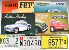 Nine contemporary metal motoring advertising signs and American style number plates including