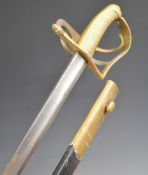 Continental sword with all brass hilt, acorn pommel, 78.5cm single edged blade and scabbard.