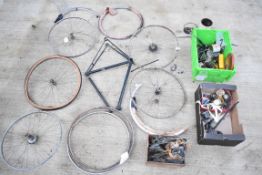 Vintage bicycle parts including Armstrong Birmingham frame, wheels, mudguards, two vintage lamps,