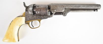 Colt Navy six-shot single action percussion revolver with all over scrolling engraving, brass