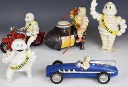Five vintage style Bibendum Michelin Man cast metal advertising figures and money boxes, height of
