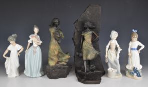 Four Nao figurines including girl with puppy and hoop and two Genesis Fine Art figures, tallest