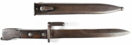 Belgium bayonet for the F.N FAL rifle, with wooden grips and flash hider, marked 16465 to pommel,