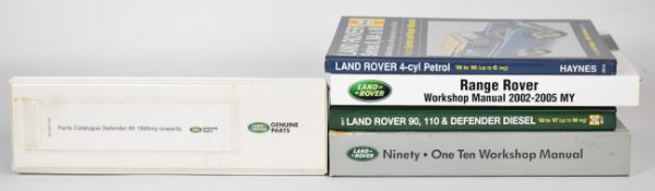 Five Land Rover and Range Rover manuals and parts catalogues to include 90 and 100 workshop manual