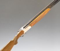 Lanber 12 bore over and under shotgun with engraved locks, trigger guard, thumb lever and underside,