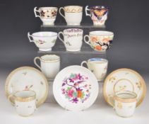 Collection of New Hall coffee cans, teacups and saucers including Chinoiserie and Imari decorated,