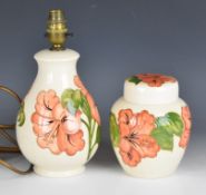 Moorcroft lamp and covered ginger jar decorated in the Hibiscus pattern, tallest 27cm