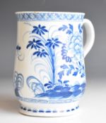 Bow porcelain 18thC blue and white tankard with floral decoration and 1964 receipt for £29.00, H14.