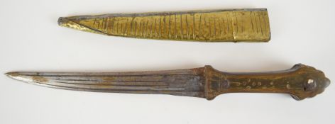 19thC Indian / Eastern dagger with riveted horn handle and engraved decoration, in brass covered