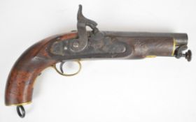 Percussion hammer action pistol with lock stamped 'Tower' and with crown over 'VR' cypher, brass