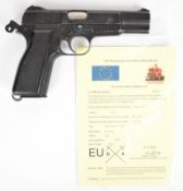 Deactivated Browning 9mm semi-automatic pistol with chequered grips and 5 inch barrel, overall