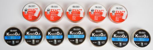 Twelve sealed tins of JSB Match Diabolo air rifle pellets Knock Out 4.52mm 0.87g and Exact 4.5mm 0.