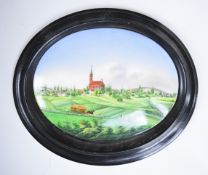 19th/20thC oval continental porcelain plaque decorated with a pastoral scene of a horse drawn
