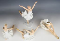 Four Wallendorf porcelain ballerina figurines in various poses, tallest 26.5cm