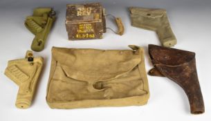 Four pistol holsters including leather WW1 pattern for Webley MK6, canvas example stamped A.M