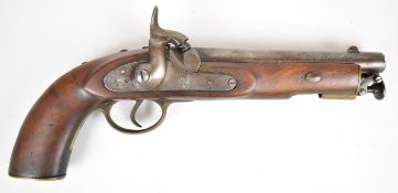 Percussion hammer action pistol with Arabic text to the lock, brass trigger guard, butt plate and