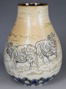 Hannah Barlow for Doulton Lambeth art pottery squat vase sgraffito decorated with sheep, signed with