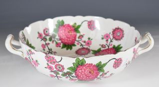 Shelley twin handled pedestal bowl with pink floral decoration, diameter 25 x H8cm