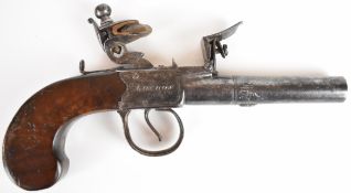 Archer of London flintlock pocket pistol with named and border engraved lock, thumb slide safety,