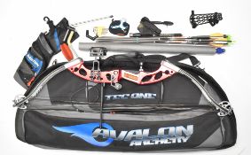 Merlin Pro Fusion Carbon compound bow together with various accessories including Easton Fat Boy