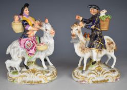 Crown Derby 19thC pair of figurines Welsh / Welch Tailor and his wife riding goats, tallest 12cm