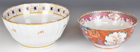 Worcester first period slop bowl with wrythen moulded decoration and an 18thC pedestal bowl with