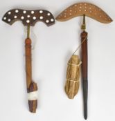 Two Victorian cord driven larks lures, each with lignum or similar turned wooden handles and