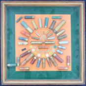 Shotgun cartridge display board decorated with Kynoch Bonax, Pegamoid, pinfire, brass cased,
