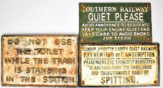 Three railway interest cast iron signs comprising Southern Railway quiet please and two LBSC