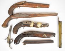 Seven various pistols and pistol barrels including a Queen Anne example and some with indistinct