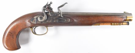 Alder .44 flintlock hammer action pistol with brass trigger guard and mounts, brass tipped wooden