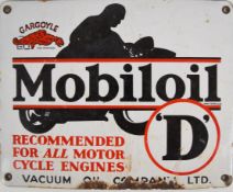 Gargoyle Mobiloil 'D' Vacuum Oil Company vintage enamel advertising sign with motorcycle and rider