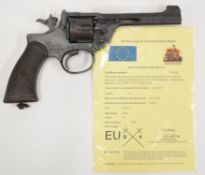Deactivated Enfield No 2 .38 six-shot double-action revolver with chequered wooden grips, fixed