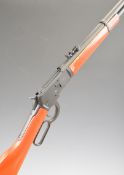 A&K SXR Winchester style underlever action 6mm airsoft rifle with red stock and forend, adjustable