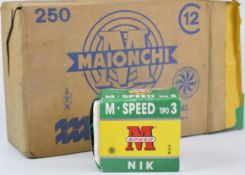 Two hundred and fifty 12 bore Maionchi M-Speed 36g nickel plated 4 shot shotgun cartridges, all in