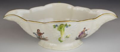 Meissen 19thC twin handled double ended pedestal gravy boat with figural / Watteau decoration, H9cm