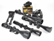 A collection of rifle scopes and accessories comprising two red dot sights, Nikko Stirling Silver