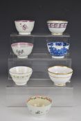 New Hall 18thC tea bowls including Chinoiserie decorated, wrythen moulded and interior decorated,