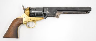 Pietta .44 six shot single action percussion revolver with engraved scenes of ships to the cylinder,