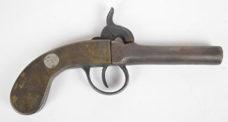 Unnamed percussion hammer action pocket pistol with brass grips stamped 'B.L.C.' and '1963' and 3