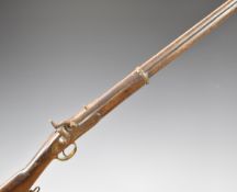 Enfield two band percussion hammer action musket with lock stamped '1863 Enfield', brass trigger
