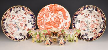 Royal Crown Derby Imari dishes, silver mounted vases and a pair of figural spill vases, tallest