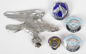 Car badge or mascot in the form of an eagle and four enamel badges comprising British Legion, two